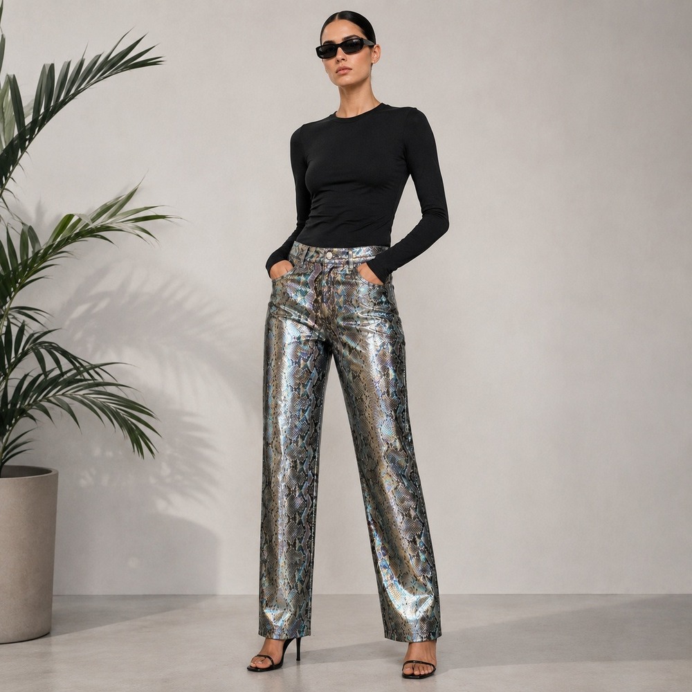 Rotate Birger Christensen Snakeskin Pants Holographic Metallic Womens 34 Silver